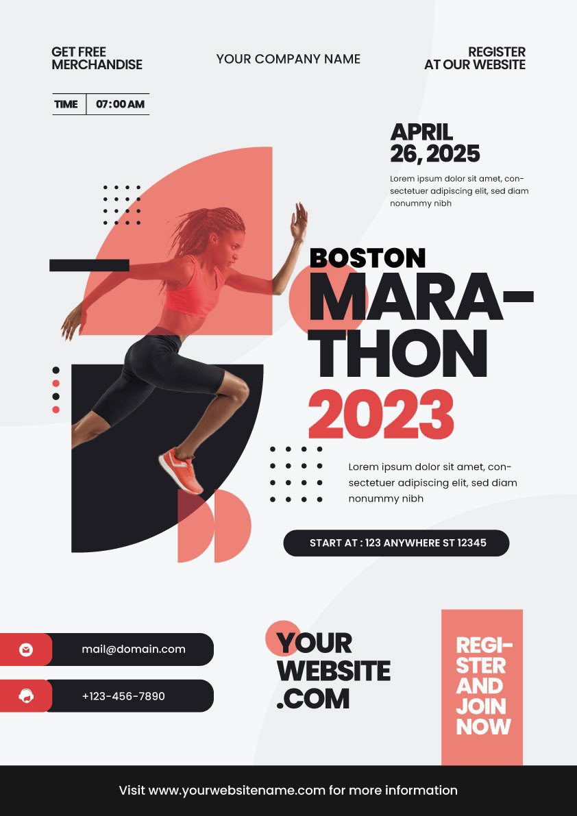 Sportovní plakát maratonu s běžící ženou v červeno-černém grafickém provedení